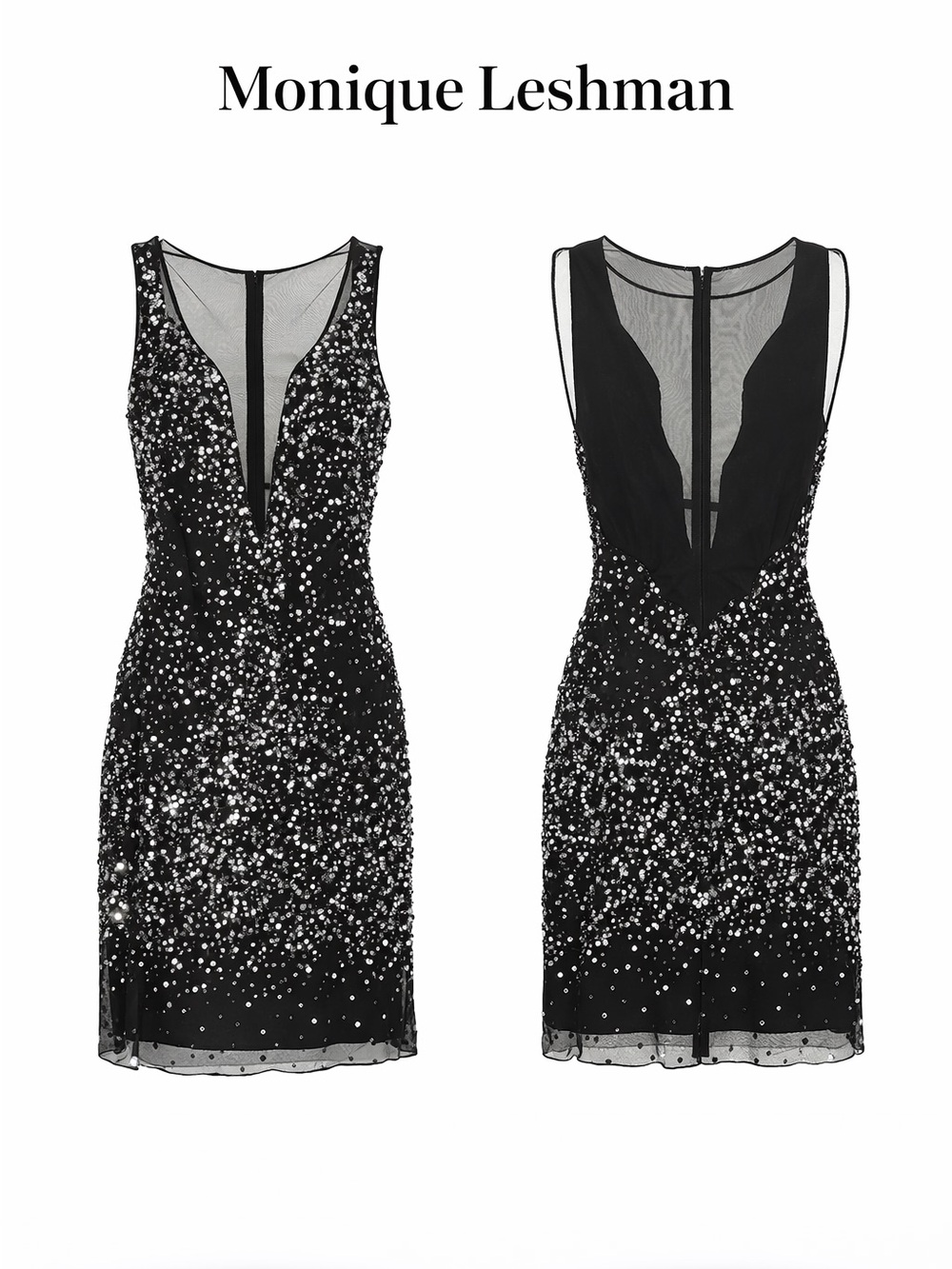 Monique Leshman Silver/Black Sequin V-Neck Evening Dress